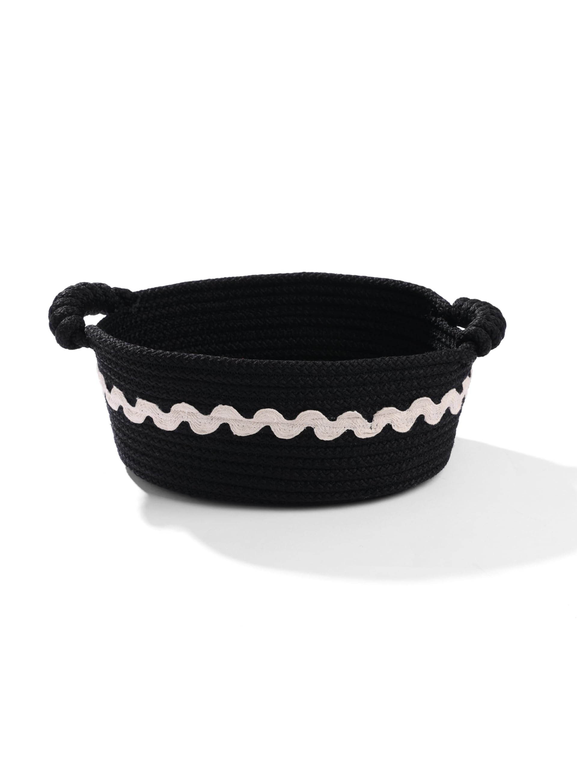 Umami Studio Handcrafted Rope Storage Basket 25 X 20 X 10 Cm Black With White Detail  MultiPurpose Organizer For Home, Table, 