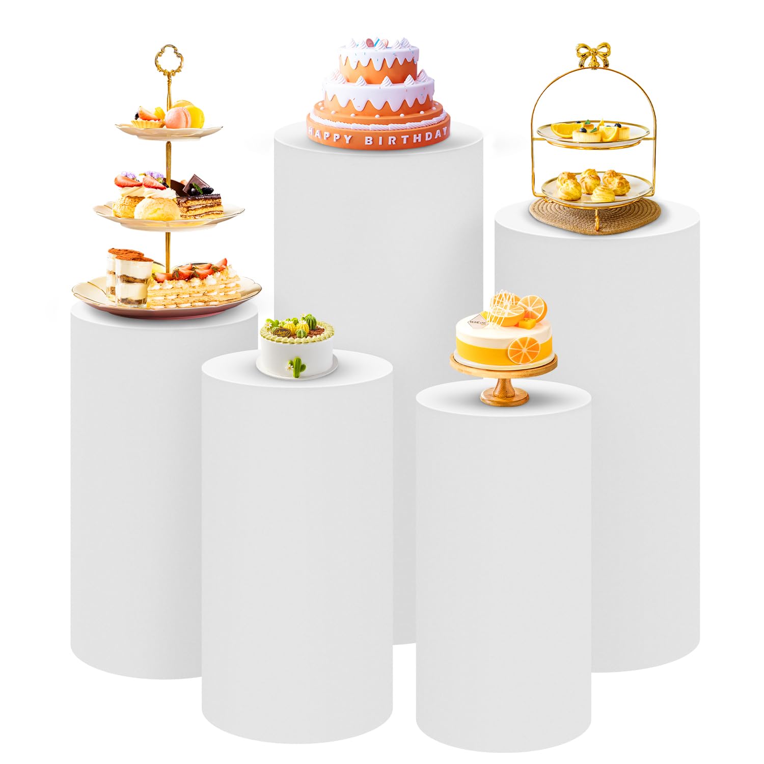 SaitiMade Set of 5 - White Cylinder Pedestal Stand Covers, Flexible Cylinder Stand Covers for Party, Wedding or Birthday Event D