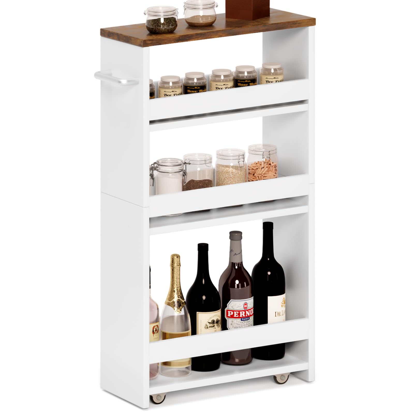 Marty Rolling Storage Cart 4-Tier White Kitchen Cart With Wheels,Slim Storage Cart With Handle Slide Out Utility Cart Shelving U