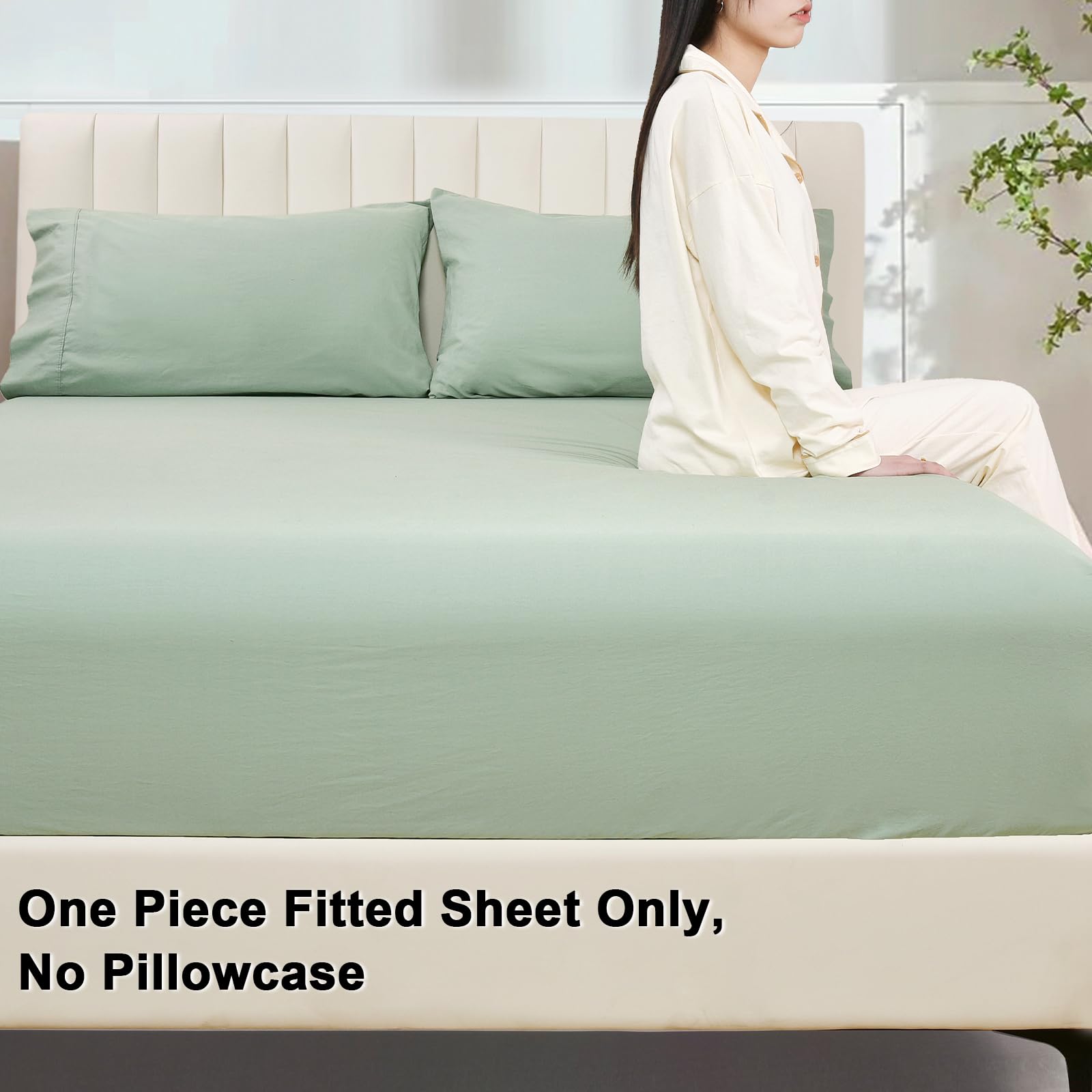Phf 100% Garment Washed Cotton Fitted Sheet King Size - Cozy Cloud Soft Linen Like Bottom Sheet Only With Elastic Deep Pockets,
