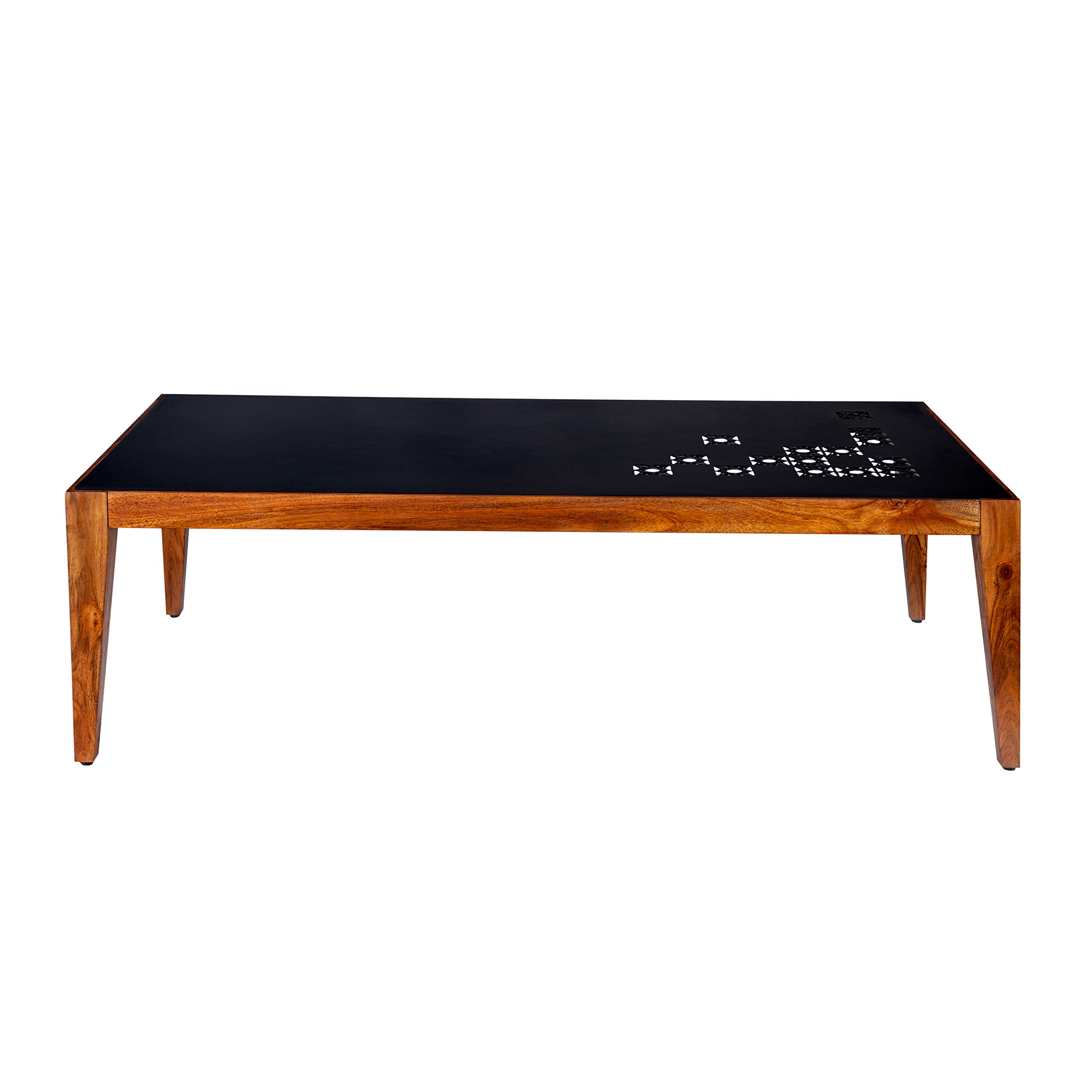 TUP The Urban Port Alba 47-Inch Rectangular Metal Top Coffee Table with Laser Cut Design, Black and Brown