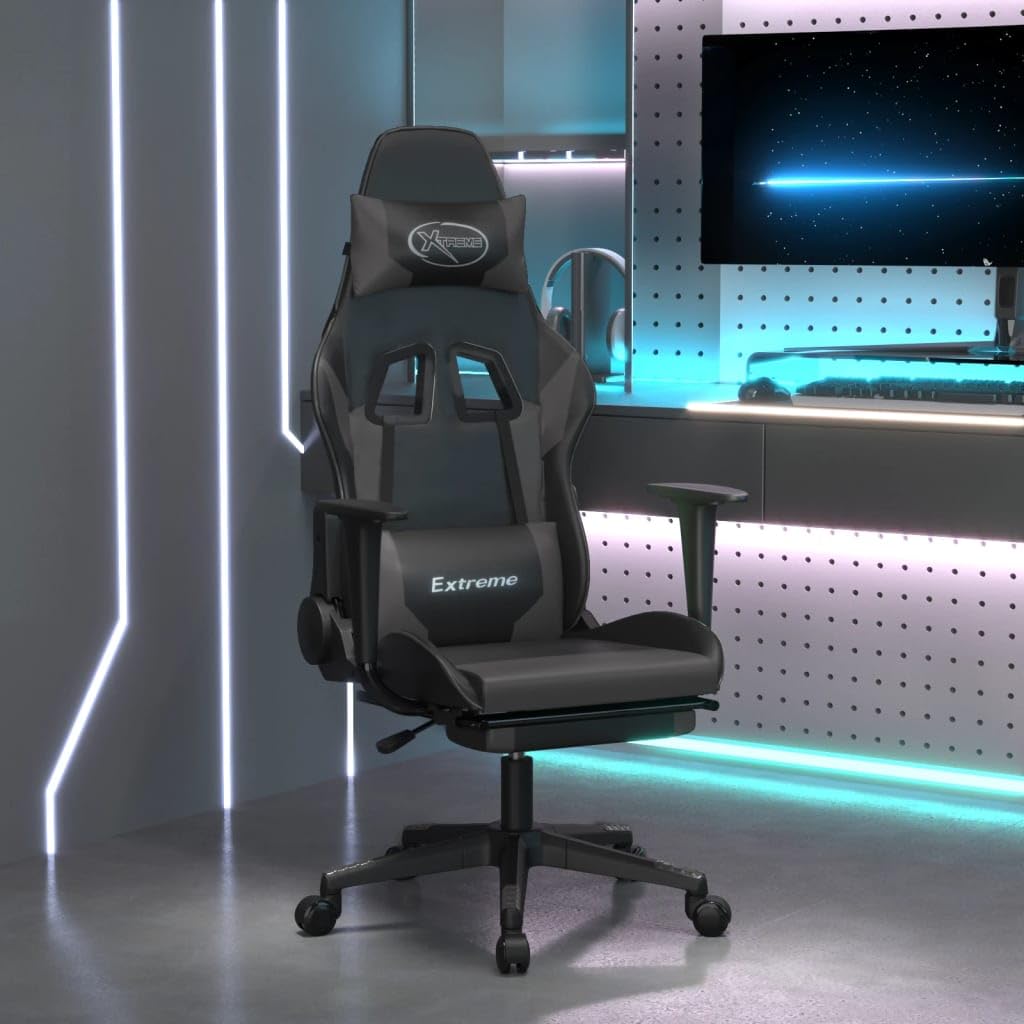 vidaXL Adjustable Gaming Chair - Black and Gray, Faux Leather, Ergonomic Design, 360-Degree Swivel, Rolling Castors, Reclining Backrest and Footrest