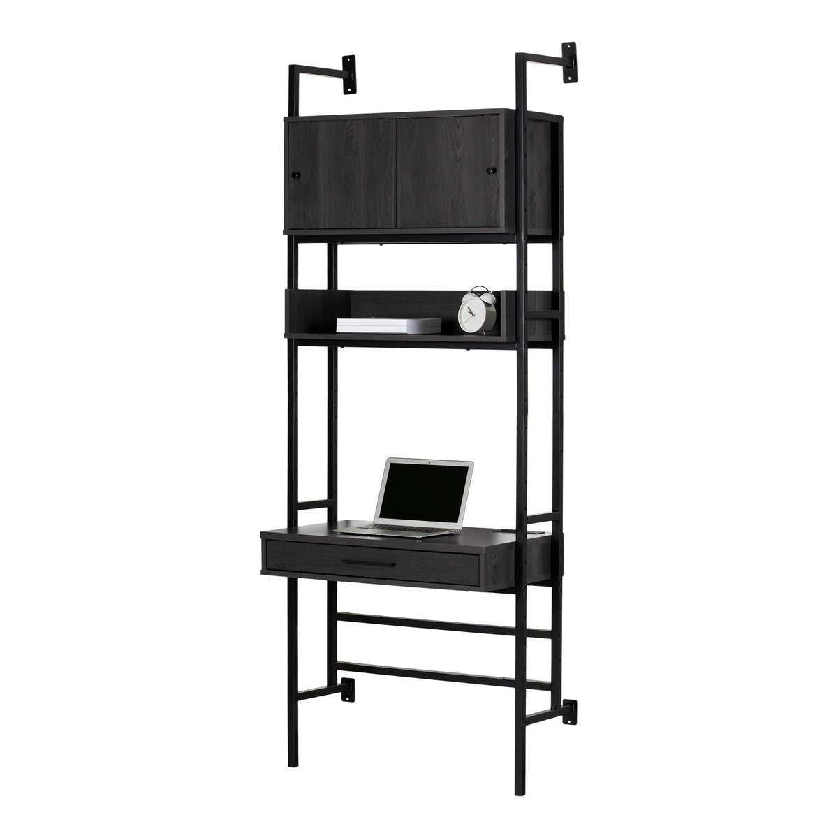 South Shore Kozack Floating wall-mounted desk with metal legs, Gray Oak and Black