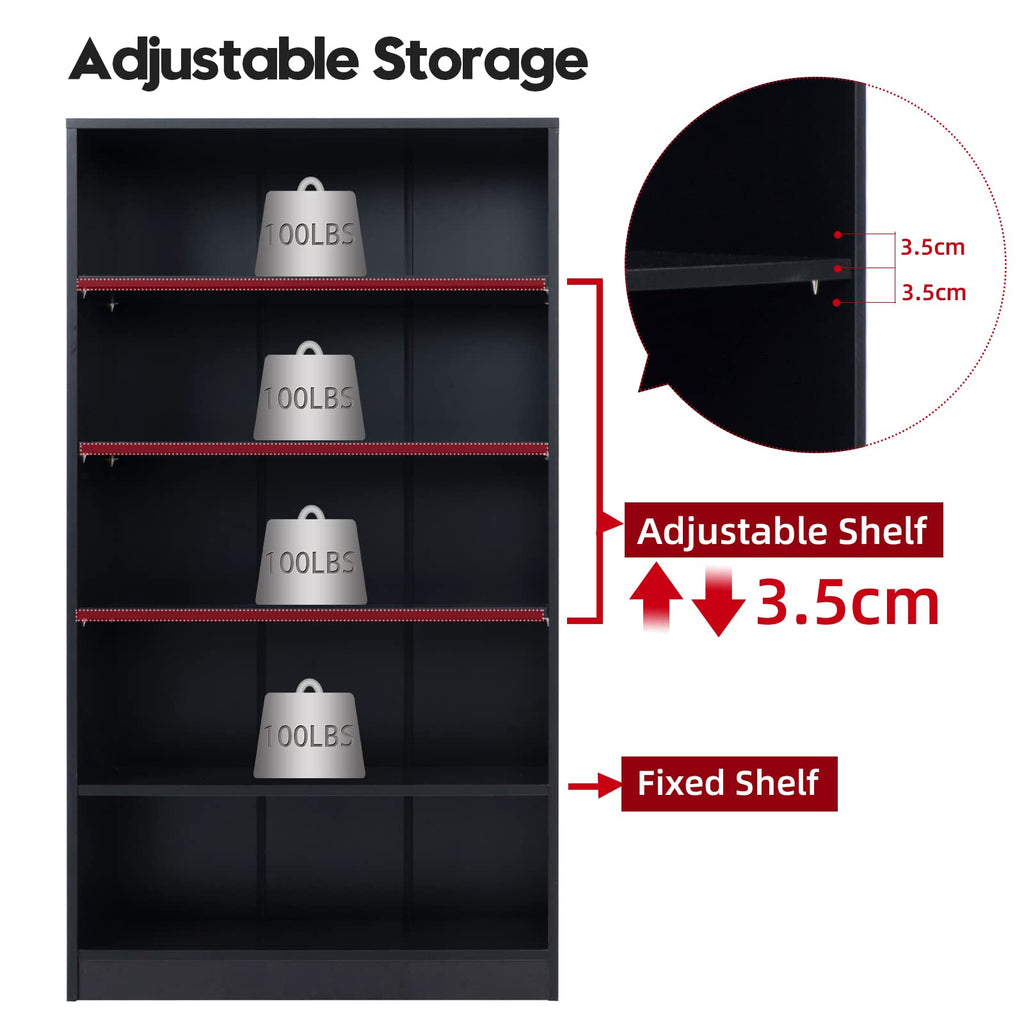 Sunon Wood Bookcase 5-Shelf Freestanding Display Wooden Bookshelf For Home Office School (11.6'' D*33'' W*59.8'' H,Black)