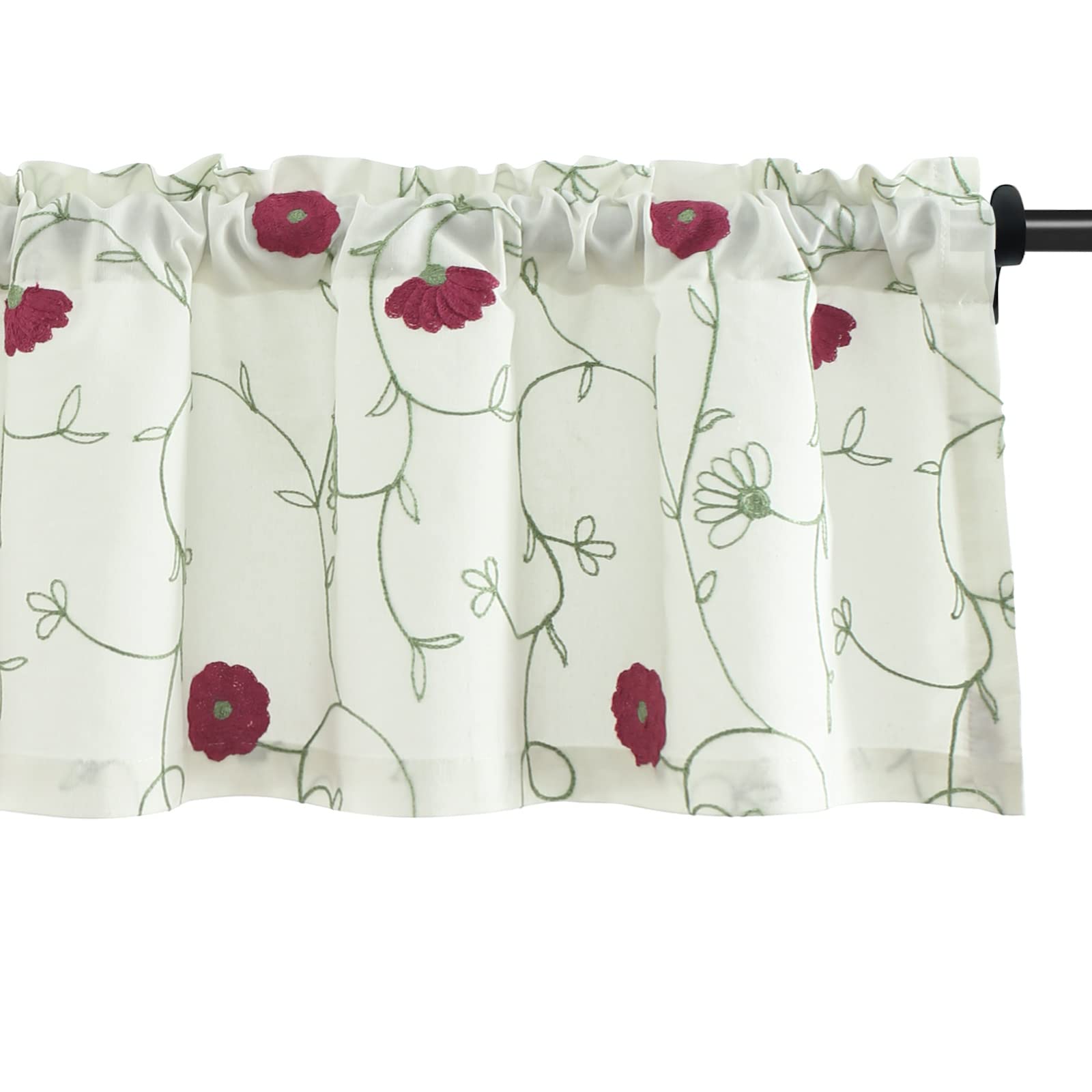 Vogol Kitchen Valance Curtain, Modern Elegant Red Flowers Pattern Embroidered In White, For Living Room Bathroom Bedroom Country