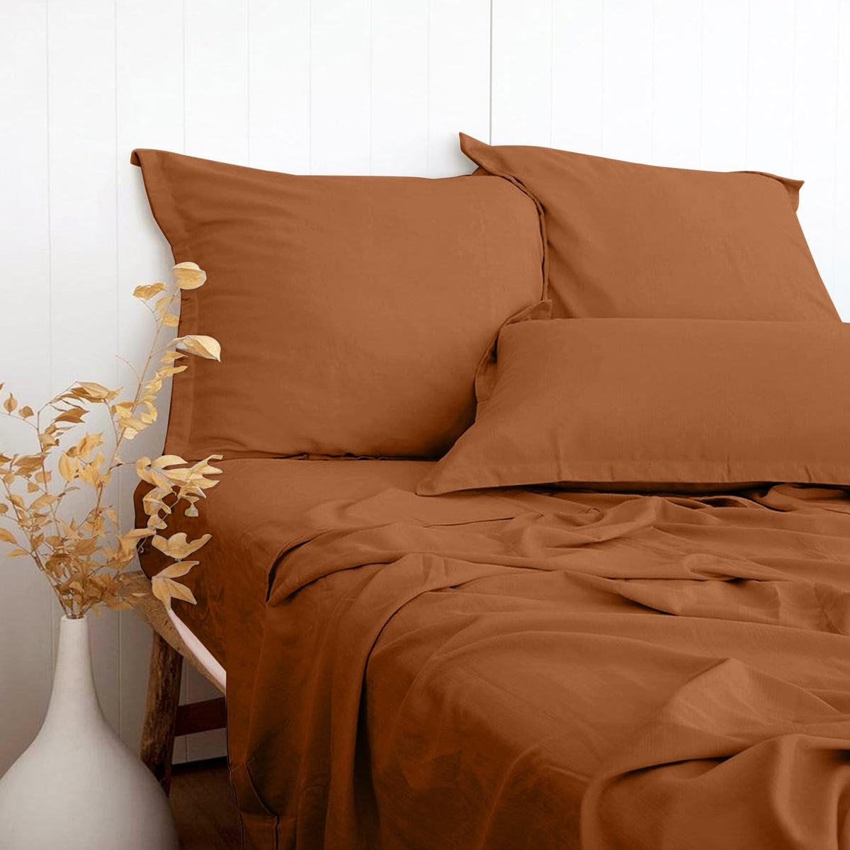 Rust Red Linen-Textured Bed Sheets Set, Bamboo Rayon , Cotton , Linen Blend Bed Sheets Queen Size, Soft Cool & Breathable For Ho