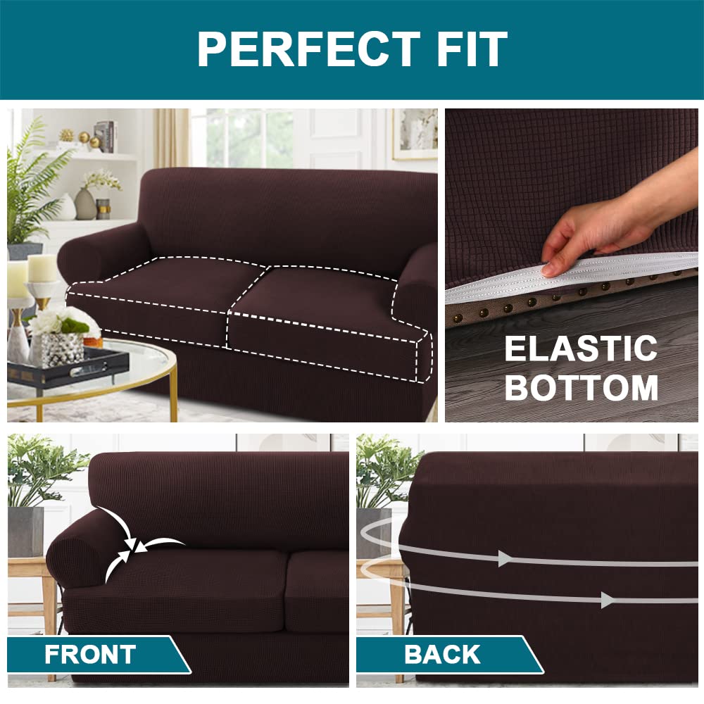 Turquoize 3 Piece T Cushion Sofa Slipcovers Sofa Cover For T Cushion Sofa Couches Stretch Couch Cover Furniture Covers With 2 Individual T Cushion Covers, Machine Washable (2 Cushion Sofa, Brown)