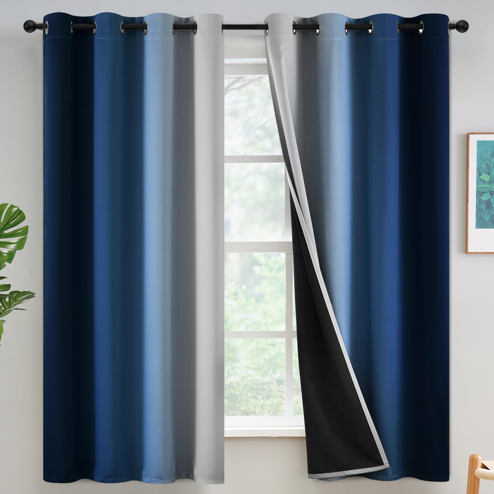 Yakamok 100% Blackout Curtains 63 Inches Long,Room Darkening Blue Curtains Ombre For Bedroom Grommet Thermal Insulated Gradient