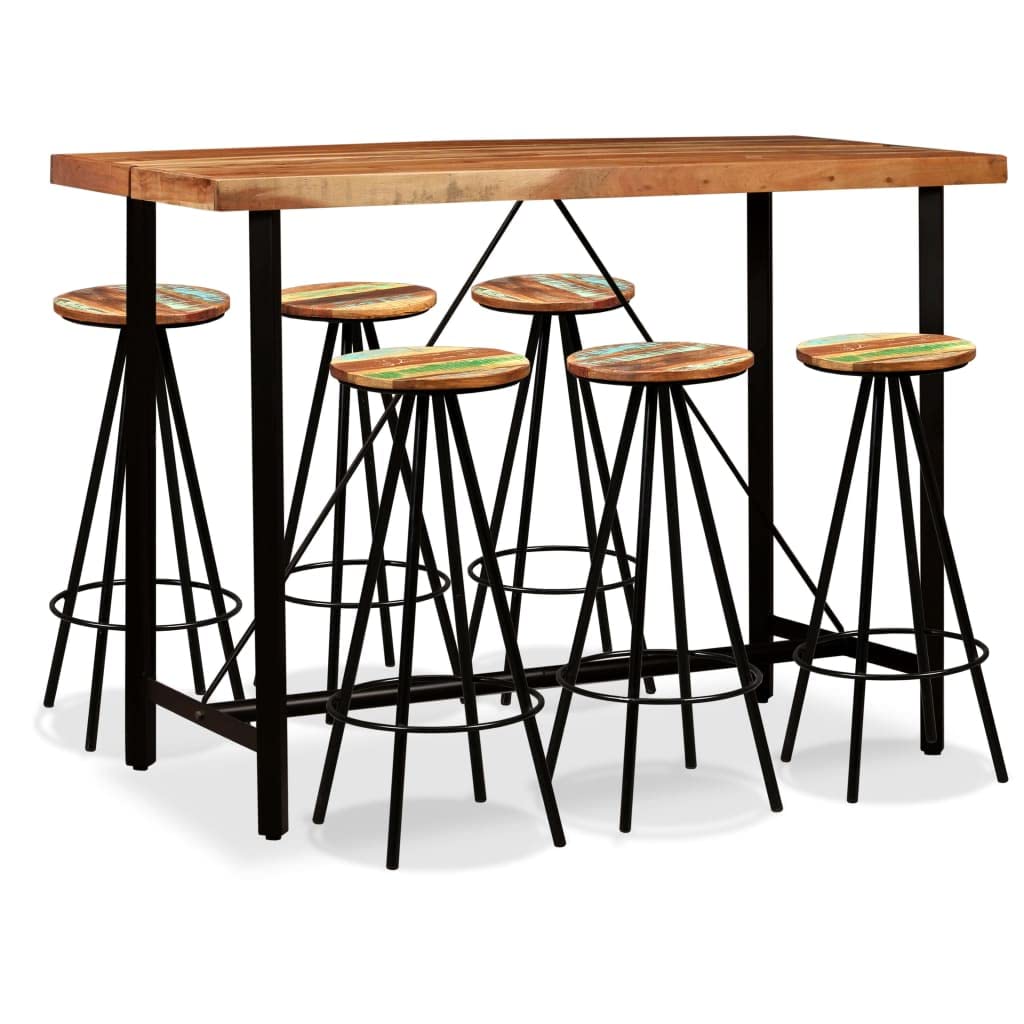 vidaXL 7-Piece Solid Acacia and Reclaimed Wood Bar Set, Handcrafted Industrial Style Furniture, Includes Bar Table and Bar Stools, for Home, Bar, Restaurant