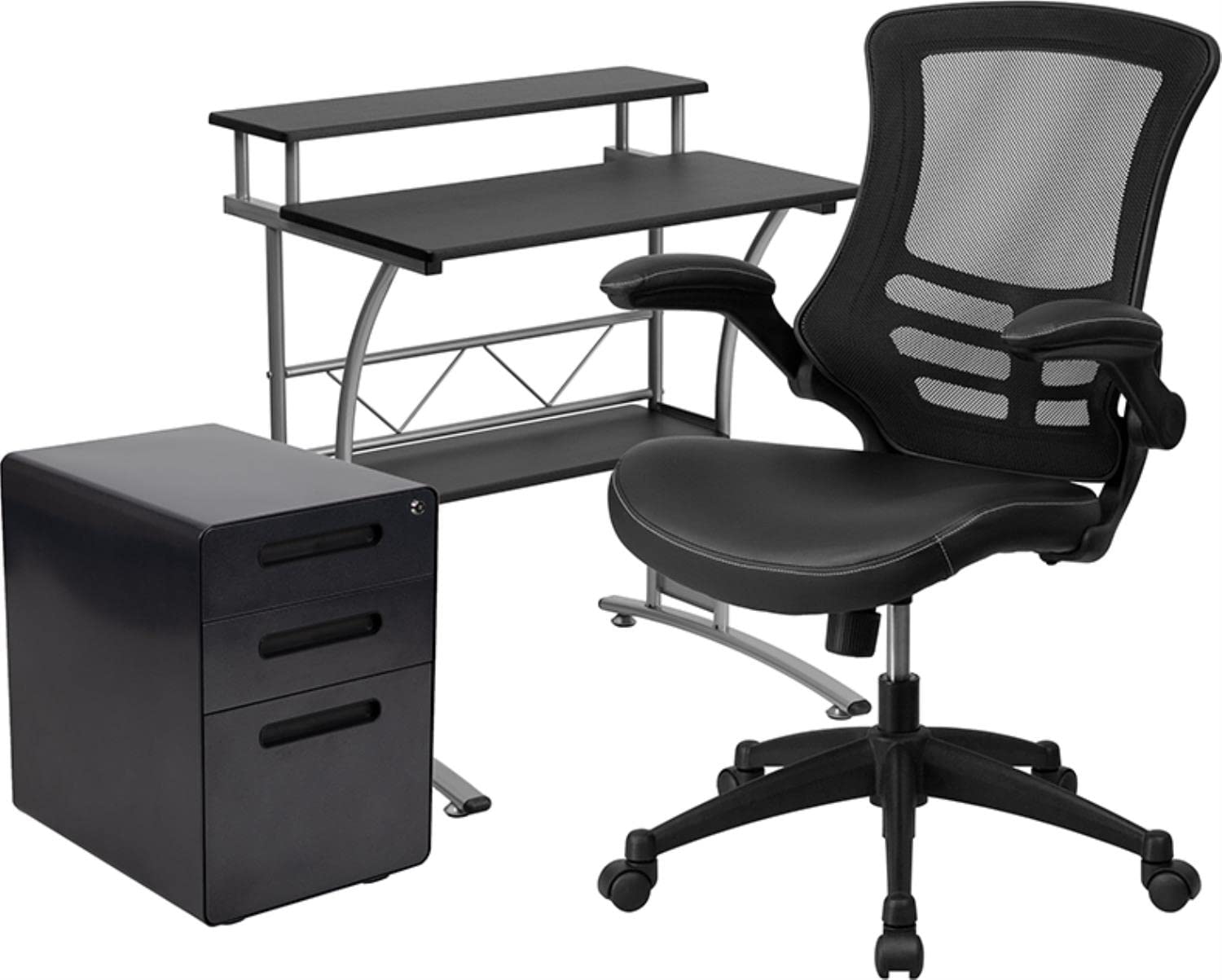 Flash Furniture Work From Home Kit - Black Computer Desk, Ergonomic Mesh/Leathersoft Office Chair And Locking Mobile Filing Cabinet
