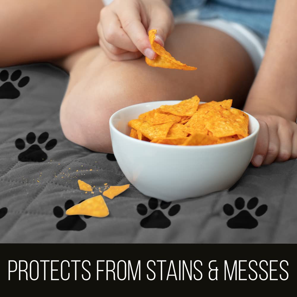 Sofa Shield Couch Slip Cover With Patented Strap, Cushion Protector, Reversible Stain And Dog Tear Resistant Slipcover, Quilted Microfiber 78” Seat, Washable Covers For Dogs Pets Kids, Paw Gray Black