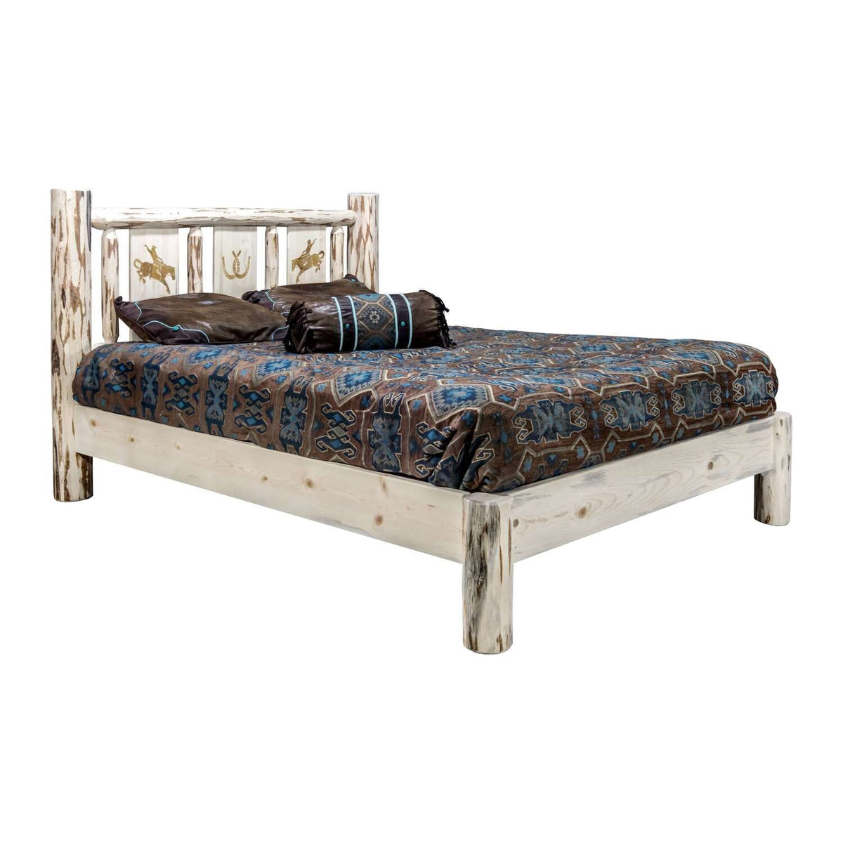 Montana Collection California King Platform Bed w/Laser Engraved Bronc Design, Ready to Finish