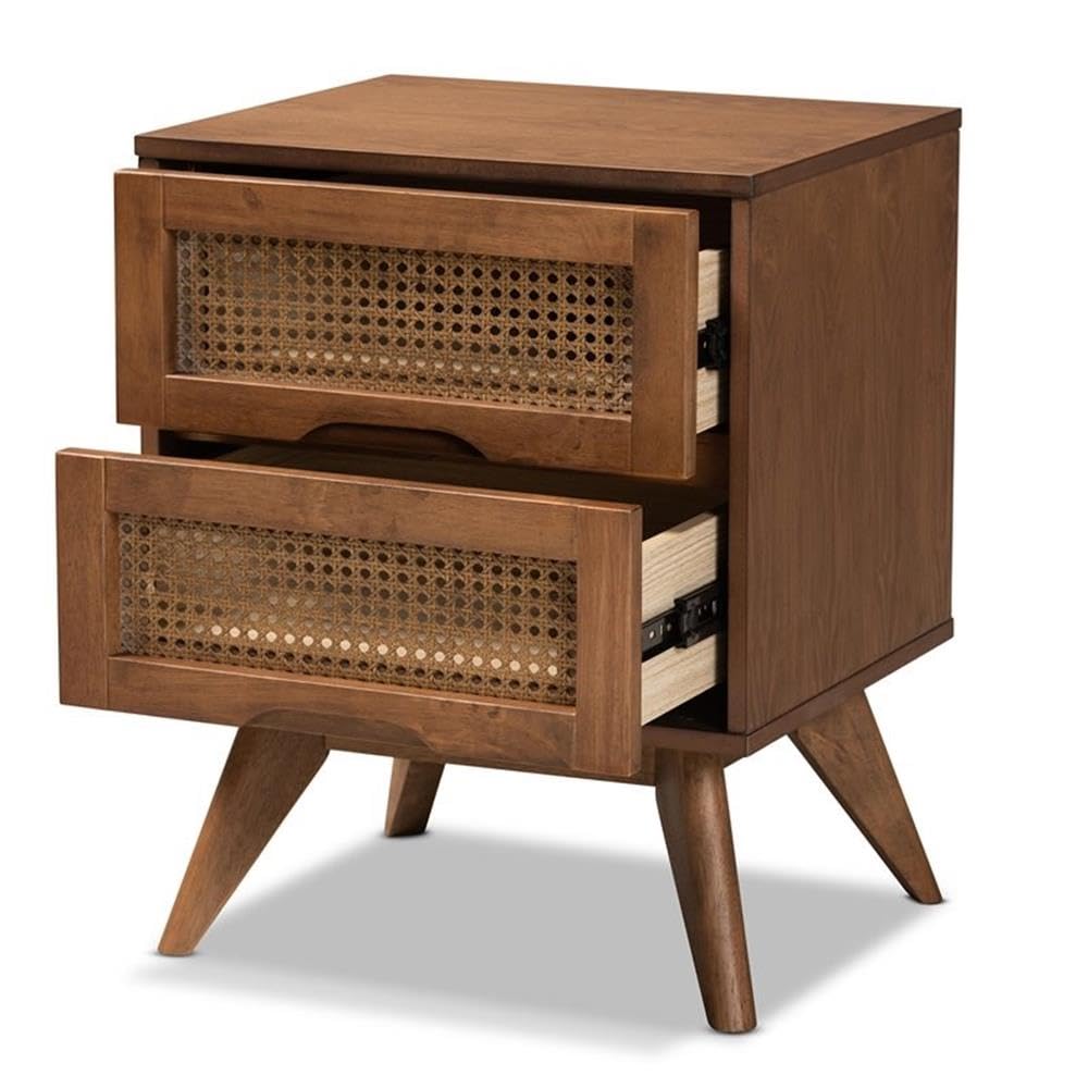 Baxton Studio Barrett Mid-Century Modern Walnut Brown Finished Wood and Synthetic Rattan 2-Drawer Nightstand