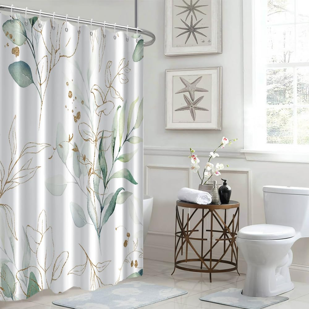 Ruelvth Sage Green Eucalyptus Shower Curtain, Spring Plant Leaves Shower Curtain Waterproof Fabric Watercolor Green And Gold Sho