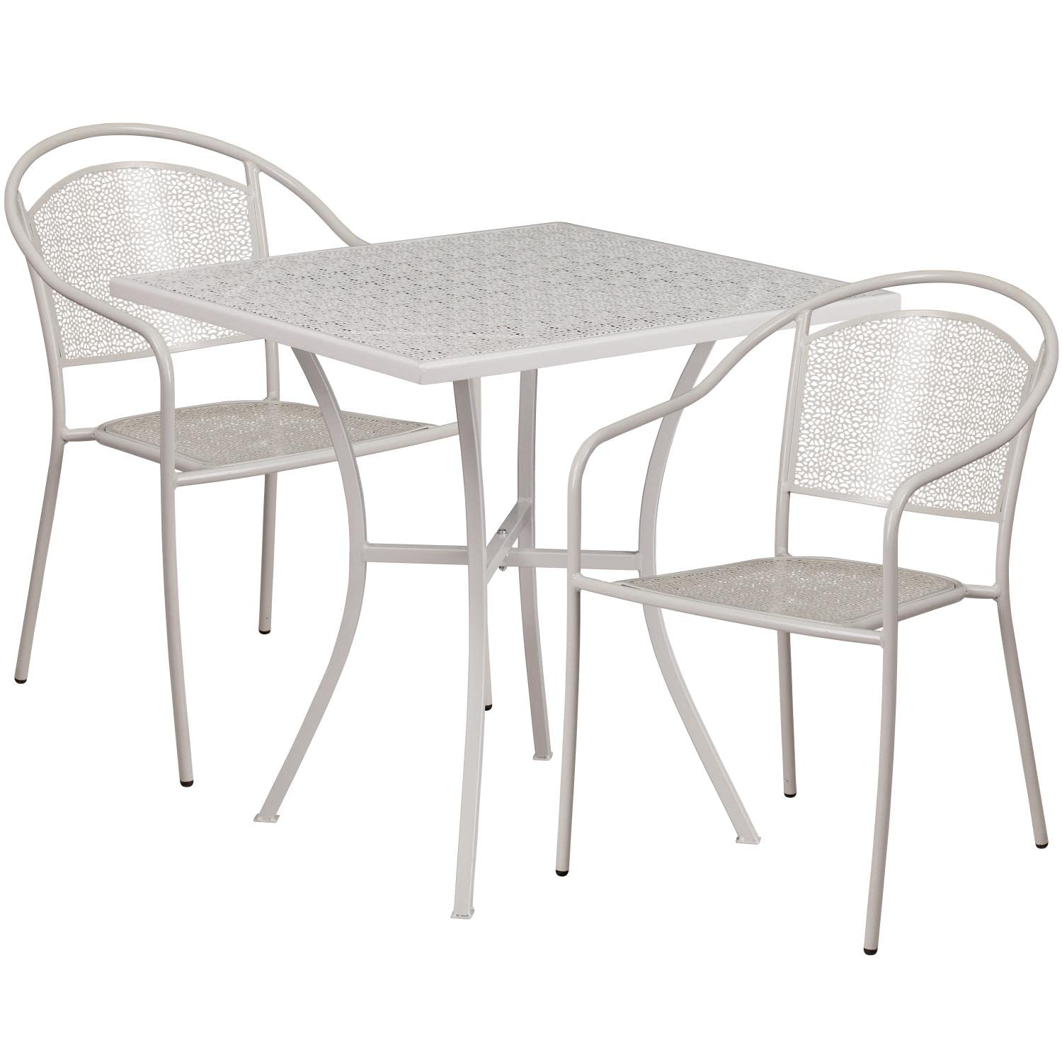 Flash Furniture Commercial Grade 28' Square Light Gray Indoor-Outdoor Steel Patio Table Set With 2 Round Back Chairs