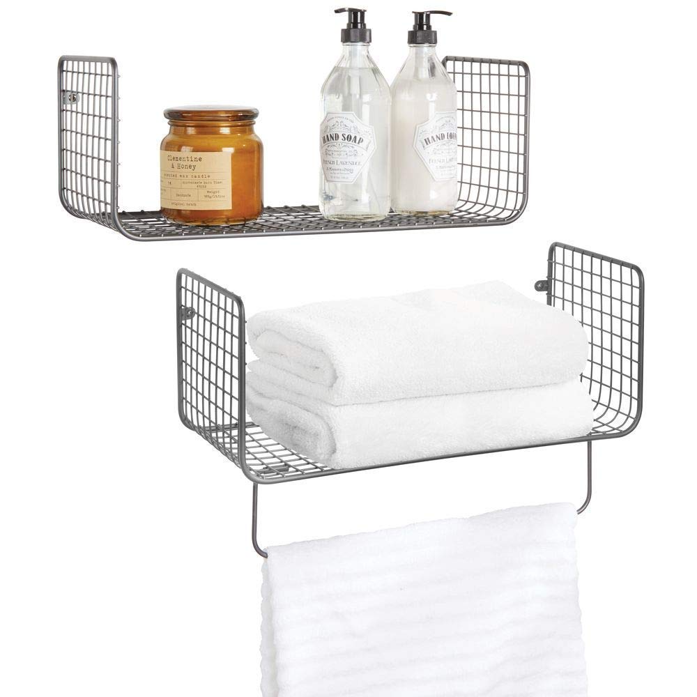 INDIAN DECOR 28315 Metal Wire Farmhouse Wall Decor Storage Organizer Shelving Set  1 Shelf with Towel Bar for Bathroom, Laundry