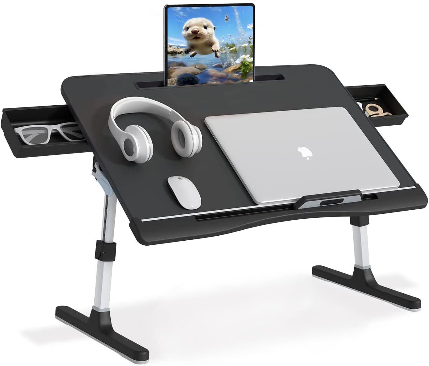 Bed Desk For Laptop, Adjustable Lap Desk With 2 Storage Drawers, Premium Pvc Leather, Foldable Laptop Table For Eating, Working,