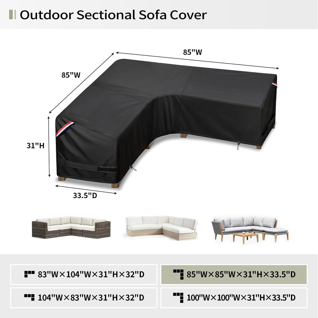 Kylinlucky Patio Sectional Sofa Cover V-Shaped,85'X 85' Waterproof Outdoor Sectional Couch Covers Black