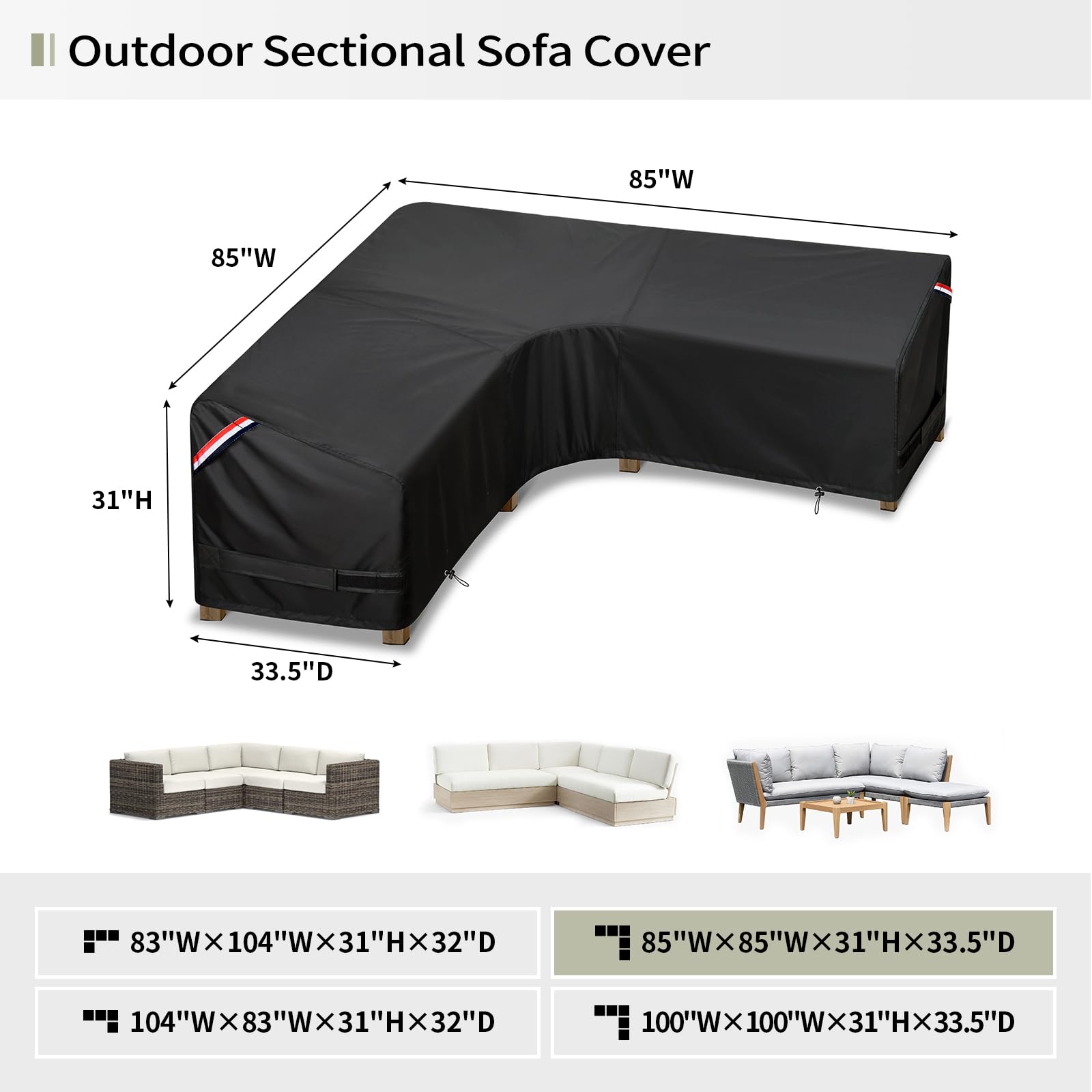 Kylinlucky Patio Sectional Sofa Cover V-Shaped,85'X 85' Waterproof Outdoor Sectional Couch Covers Black