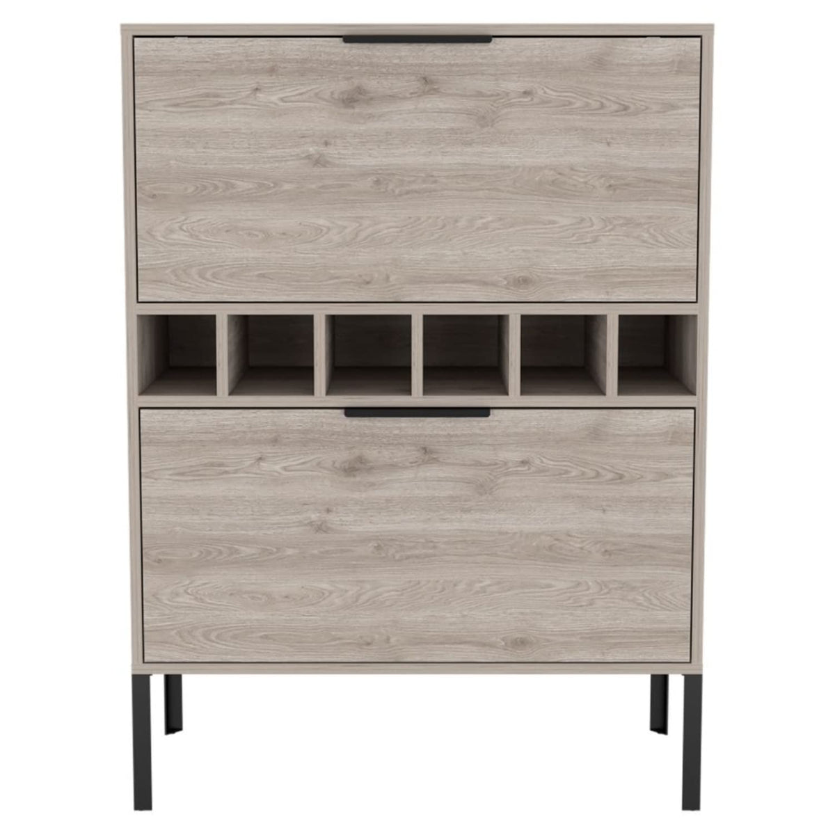 bar-coffee 43&quot;&quot; H, with metal legs, Kitchen or living cabinet with 1 upper swing door drawer, 2 cup holders inside, 1 central shelf, and 1 lower divided drawer, ligh gray