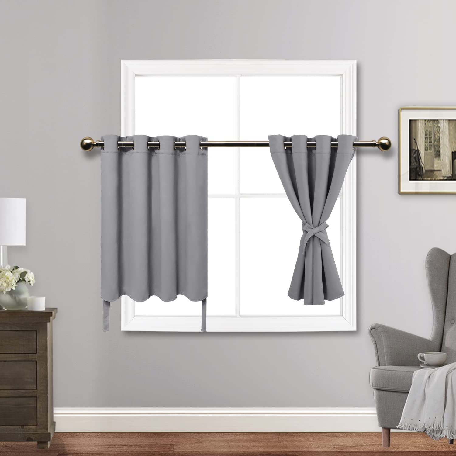 Jiuzhen Short Curtains Kitchen Half Window Blackout Curtains With Tiebacks For Baseroom Shadows, Grommet Curtains For Living Room, Set Of 2 Window Curtain Panels, 52 X 30 Inch Length,Light Grey