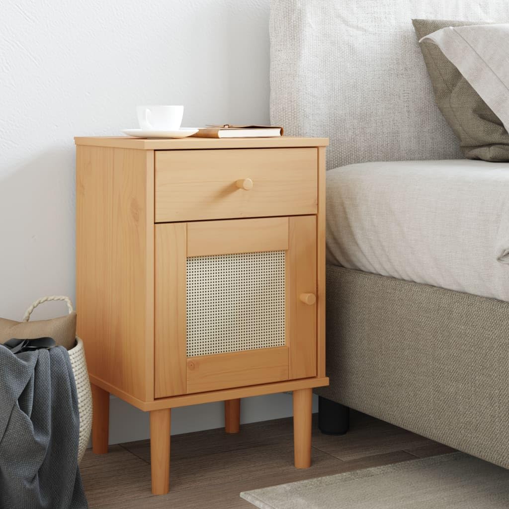 vidaXL SENJA Bedside Cabinet with Rattan Look Surface, Solid Pine Wood and UV Varnish Finish in Brown, Featuring Drawer and Door Compartment for Storage