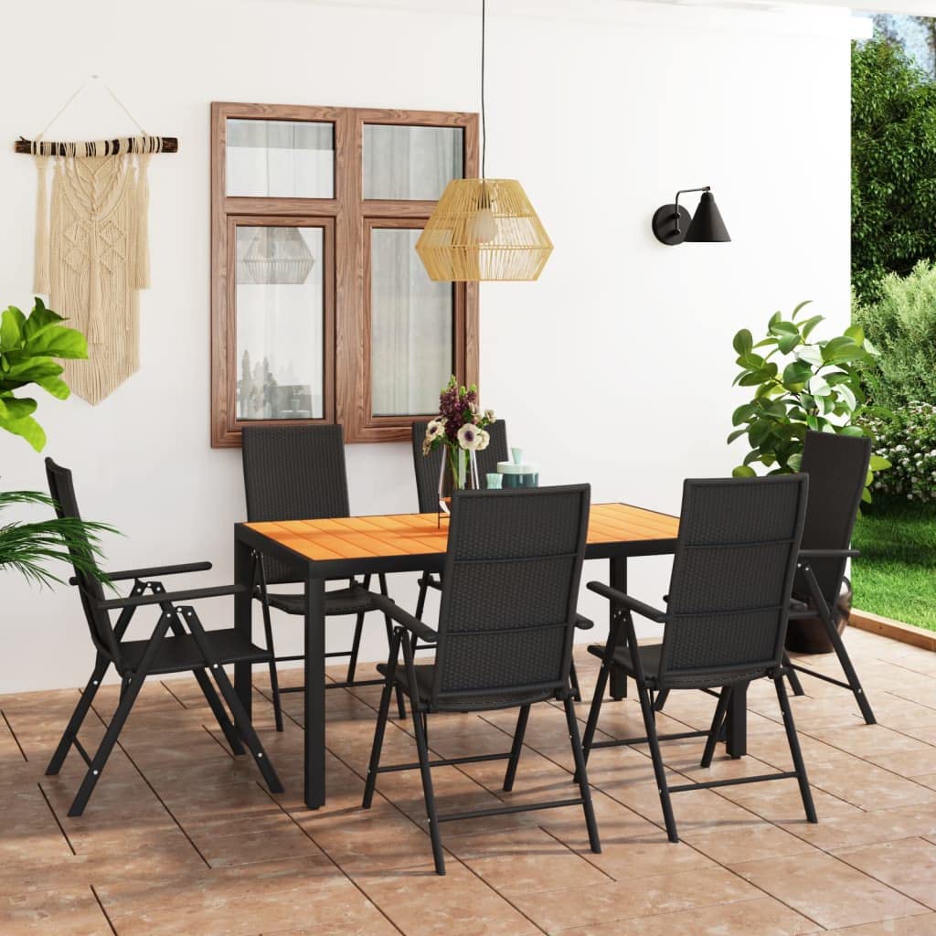vidaXL Outdoor Dining Set - 7-Piece Patio Furniture Set with PE Rattan Chairs and WPC Tabletop, Ideal for Garden, Patio and Terrace – Black and Brown