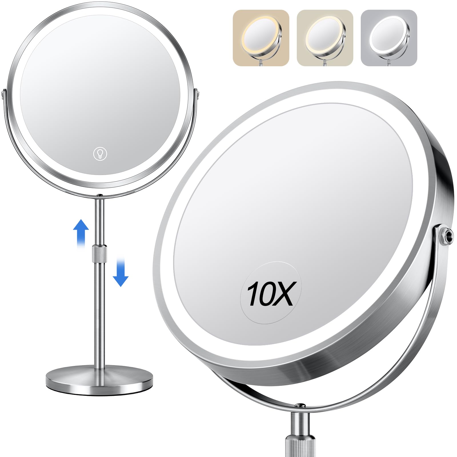10x Large Lighted Makeup Mirror, Rechargeable 8' Height Adjustable Vanity Mirror, 1x/10x Magnifying Mirror with 3 Color, Bright