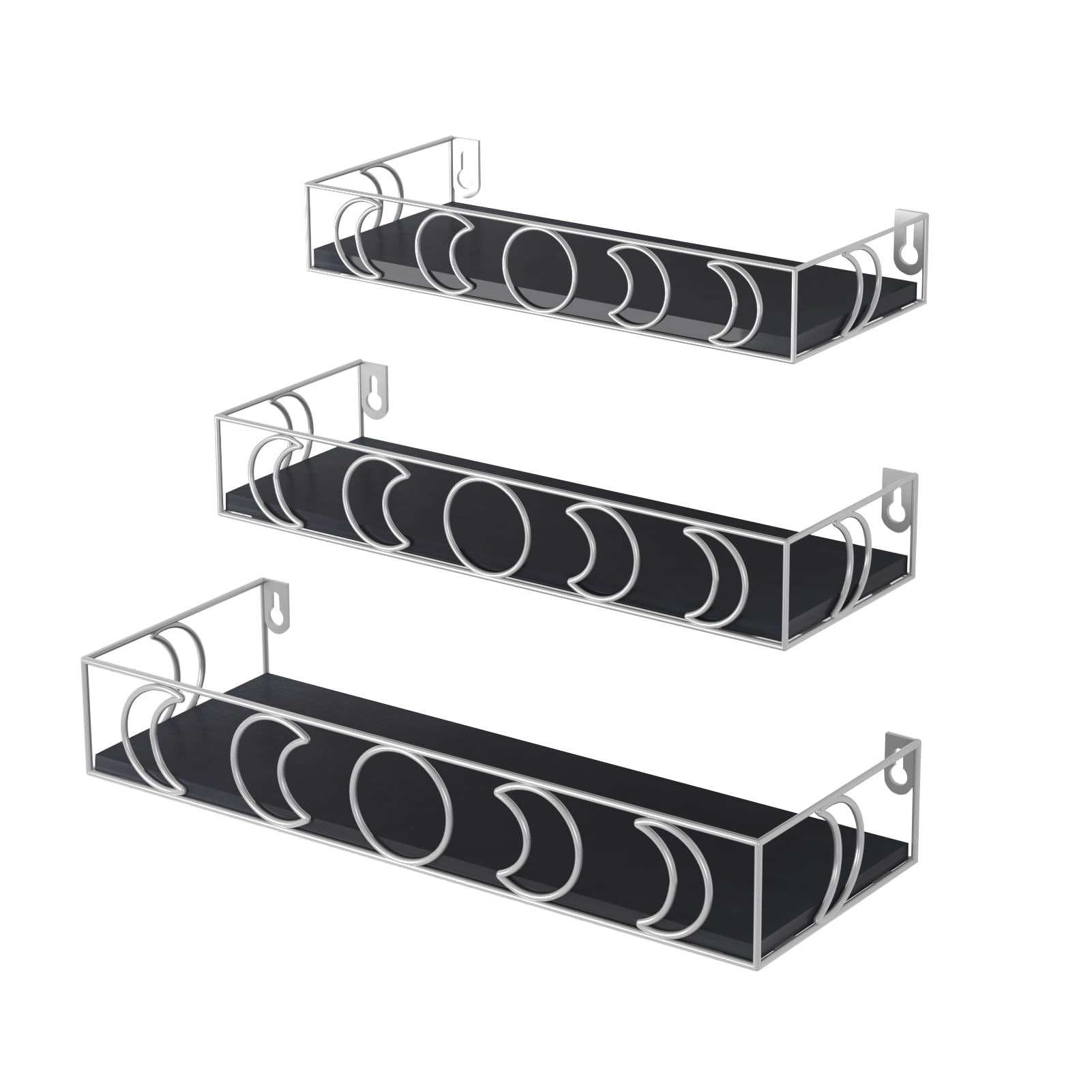 PHAREGE Moon Phase Floating Shelves Black Silver, Set of 3 Small Decorative Wall Shelves for Book Plant Storage, Crystal Figurin