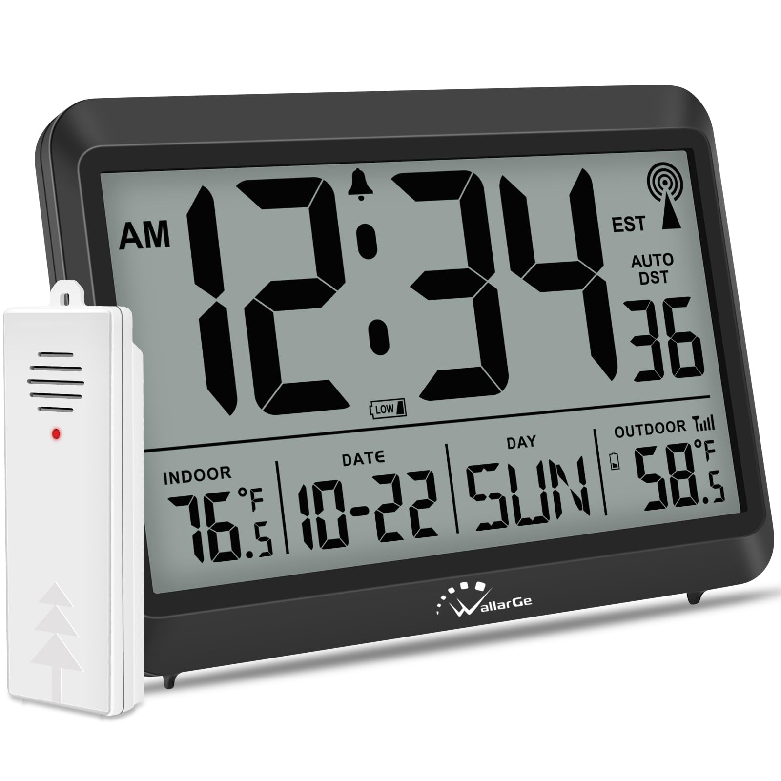 WallarGe Atomic Clock with Indoor Outdoor Temperature - 8.5'' Digital Clock Battery Operated, Self-Setting, 4 Time Zones, DST