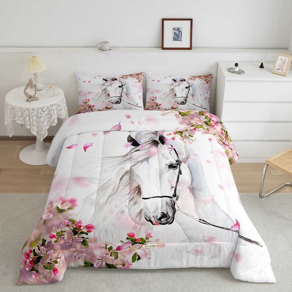 Erosebridal Girls Horse Comforter Set Twin Chic Cherry Blossom Bedding Set Boys Teens Galloping White Horse Duvet Insert 3D Wild