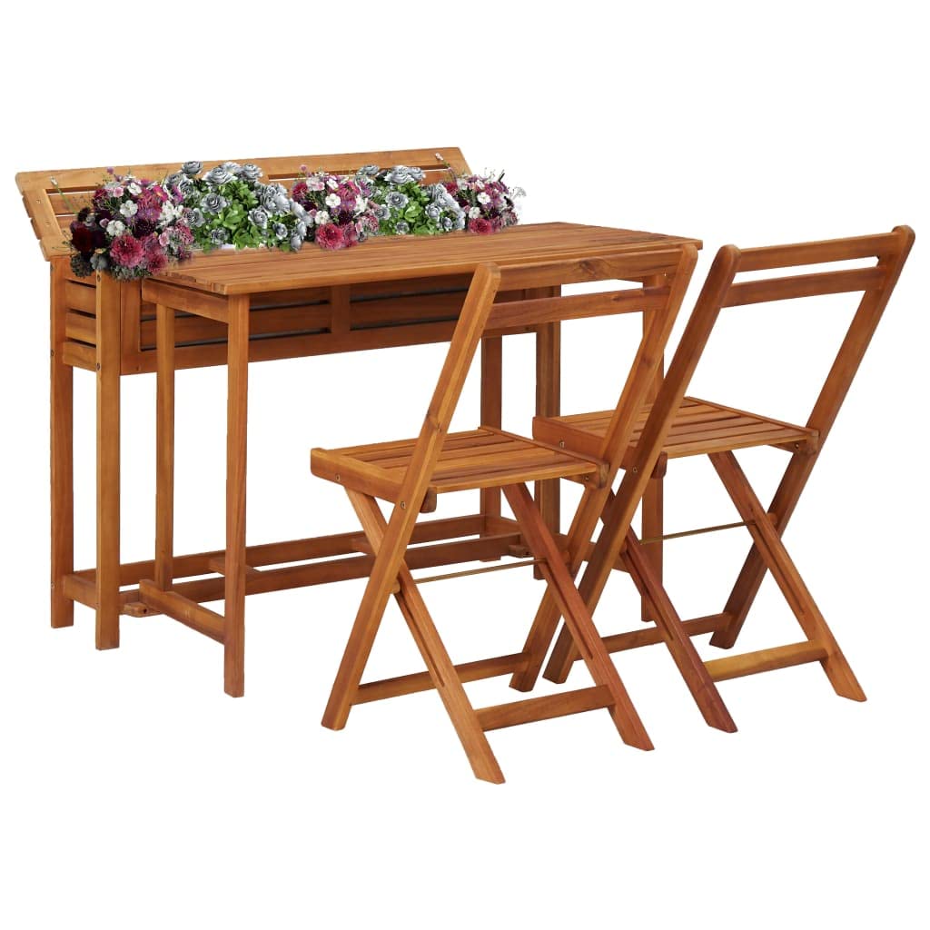 vidaXL Solid Acacia Wood Garden Planter Table with 2 Foldable Bistro Chairs - Thumbnail 3