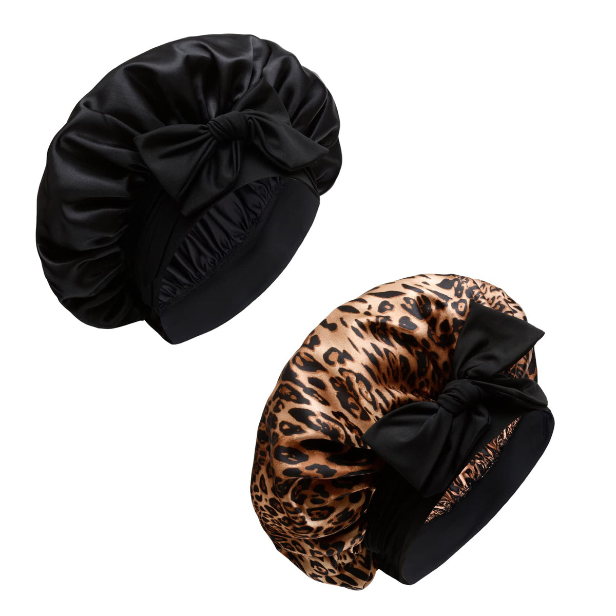 Silky Satin Hair Bonnet, Night Cap Hair Cover for Black Women Hair Care with Soft Strechy Tie Band - Jumbo Satin Sleep Cap(Black