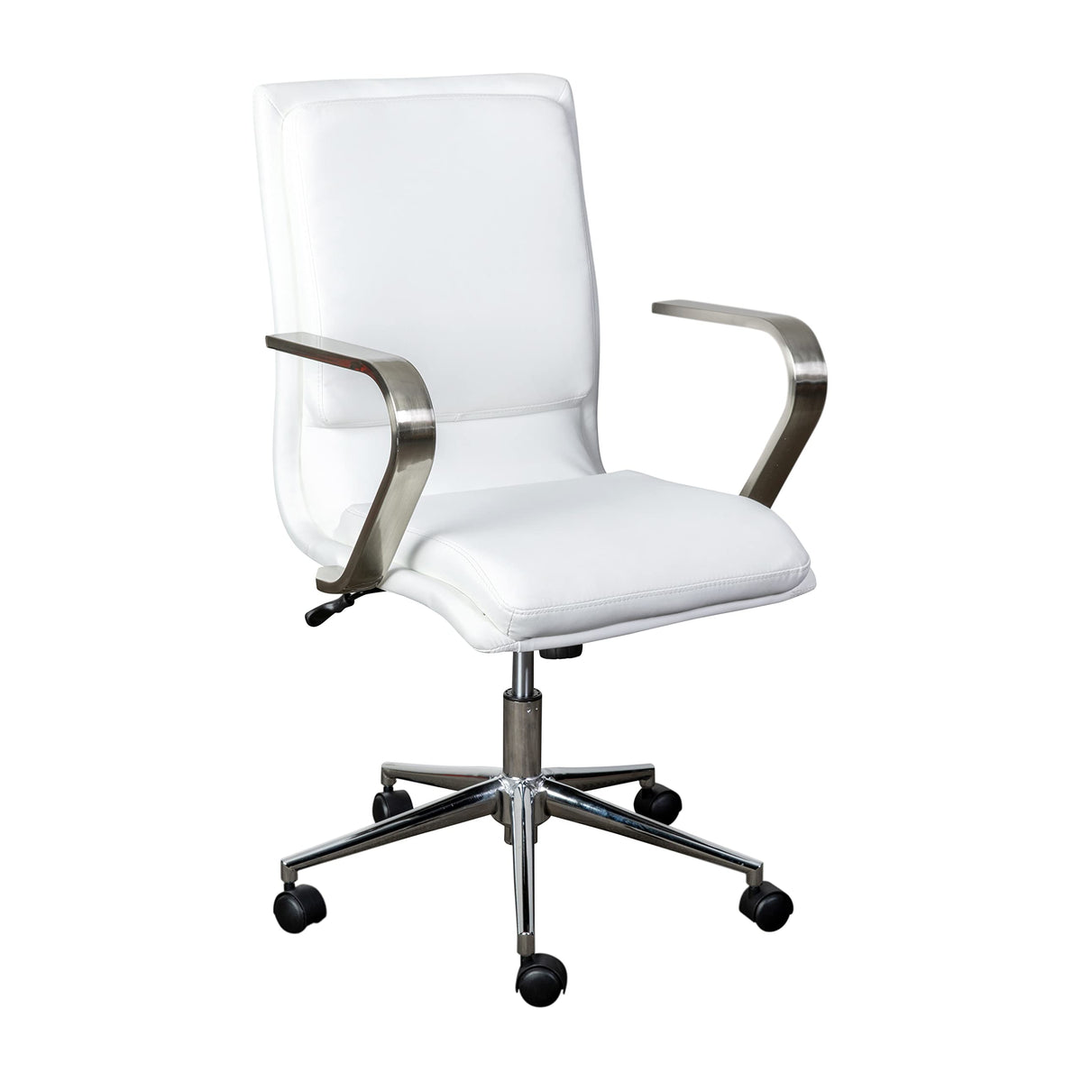 Flash Furniture James Mid-Back Designer Executive Office Chair - White LeatherSoft Upholstery - Brushed Chrome Base and Arms - Height Adjustable 360° Swivel Seat