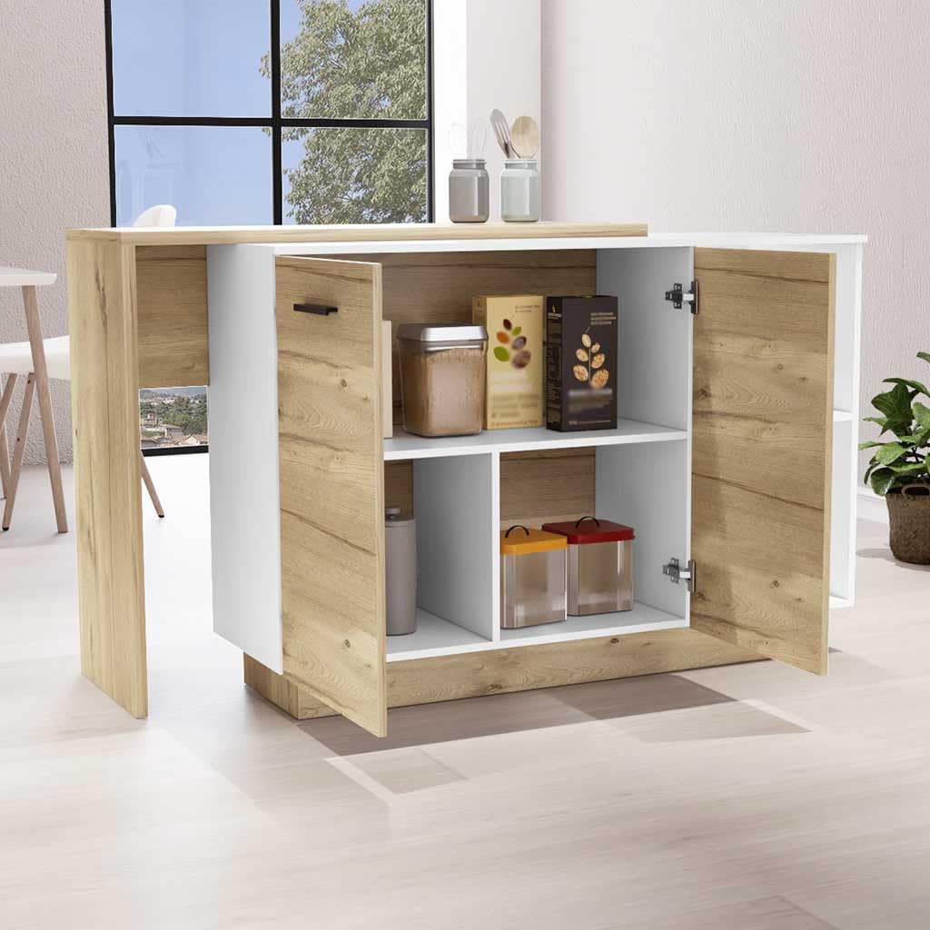 Creta Kitchen Island, Double Door Cabinets, 2 External Shelves, 3 Shelves, White/Light Oak