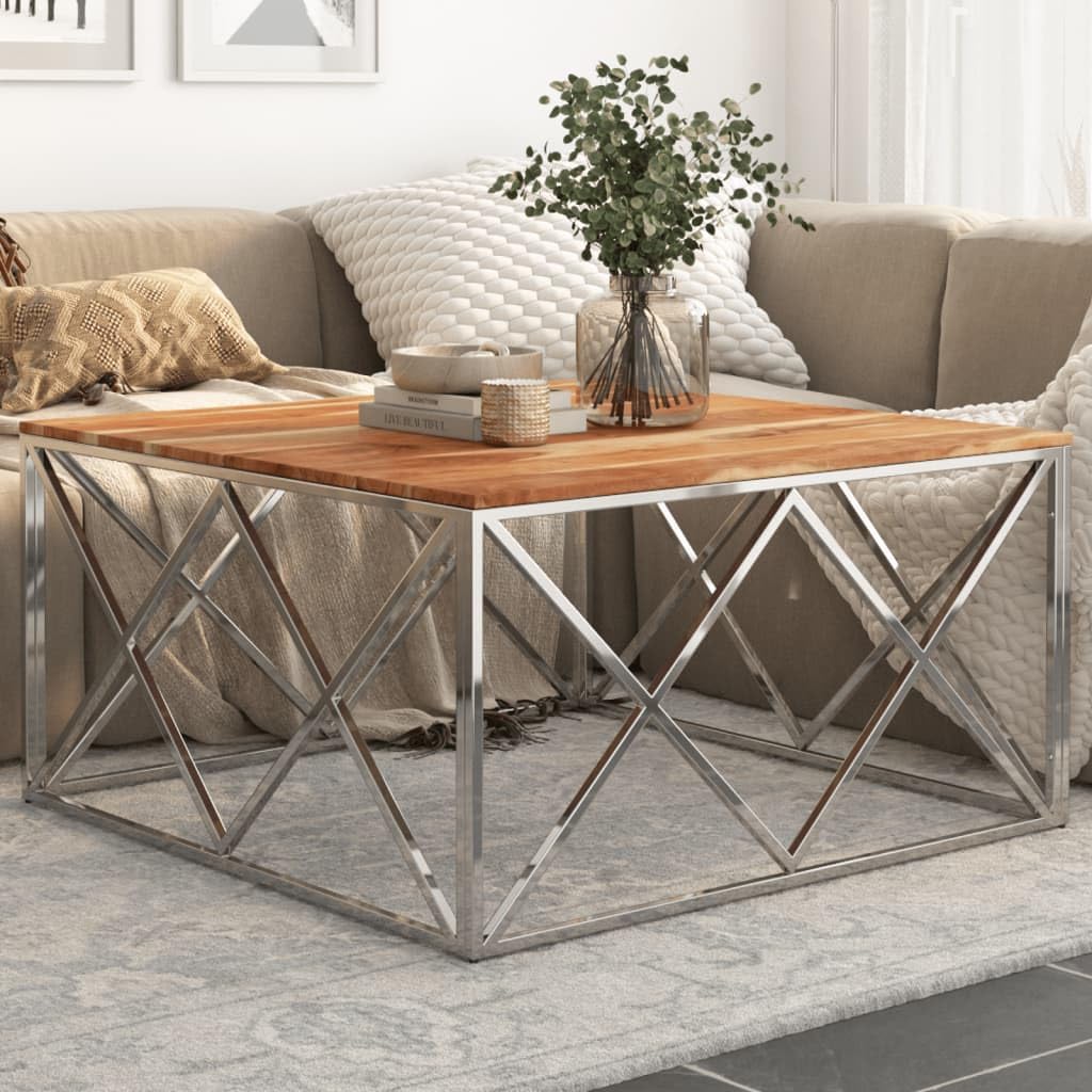 vidaXL Modern Square Coffee Table - Solid Acacia Wood & Silver Stainless Steel, Spacious Top, Stain-Resistant Surface - 39.4"x39.4"x19.7"