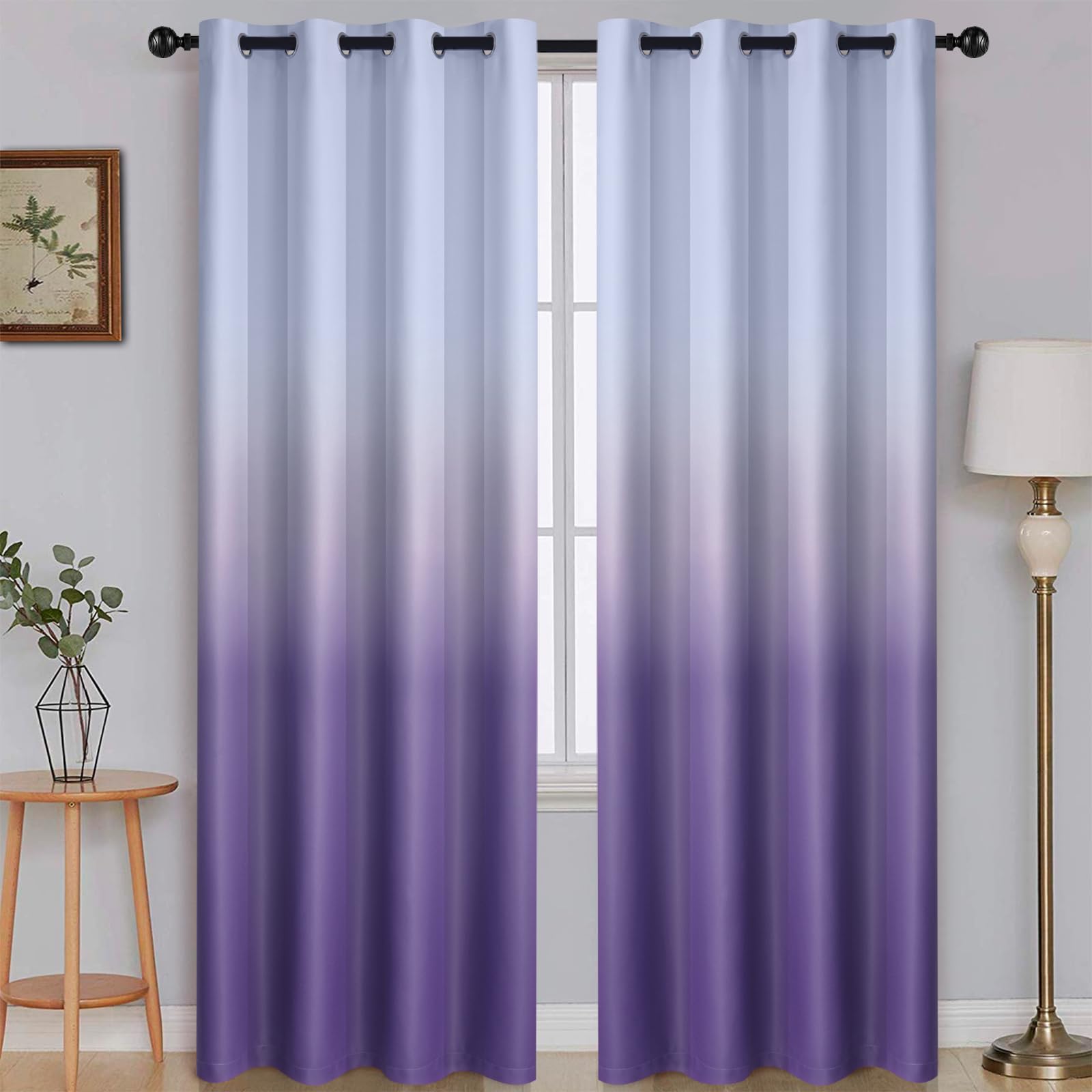 Simplehome Ombre Room Darkening Curtains For Bedroom, Light Blocking Grey White To Lavender Purple Thermal Insulated Grommet Win