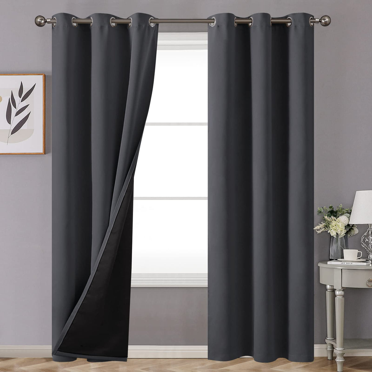 Youngstex Dark Grey 100% Blackout Curtains 84 Inches Length For Bedroom, Grommet Thermal Insulated Full Room Darkening Living Ro