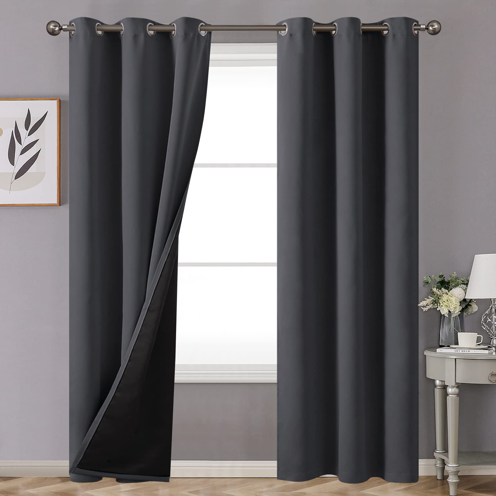 Youngstex Dark Grey 100% Blackout Curtains 84 Inches Length For Bedroom, Grommet Thermal Insulated Full Room Darkening Living Ro