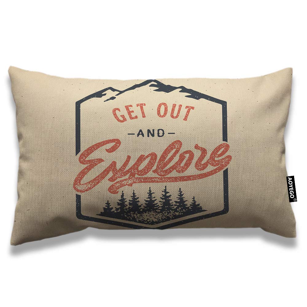 Aoyego Camping Throw Pillow Cover 12X20 Inch Vintage Adventure Word Get Out And Explore With Trees Rectangle Pillow Cases Home D