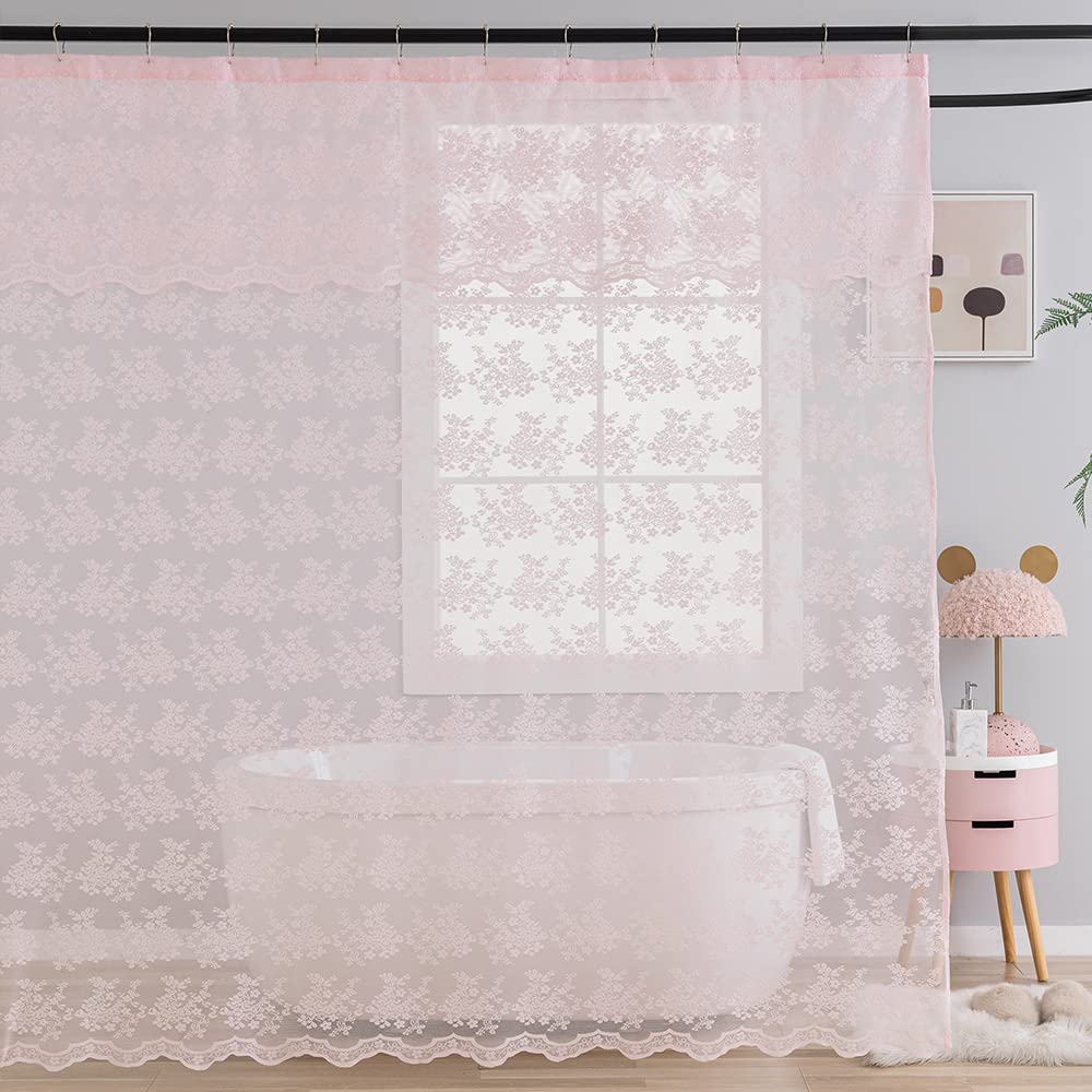 Tudeco Pink Shower Curtain - Shabby Chic Lace Shower Curtain With Attach Valance For Bathroom, Cute Sheer Vintage Coquette Flora