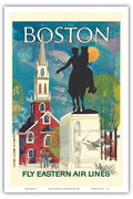 Boston Massachusetts - Fly Eastern Air Lines - Paul Revere Statue and Old North Church - Vintage Airline Travel Poster c.1960s -