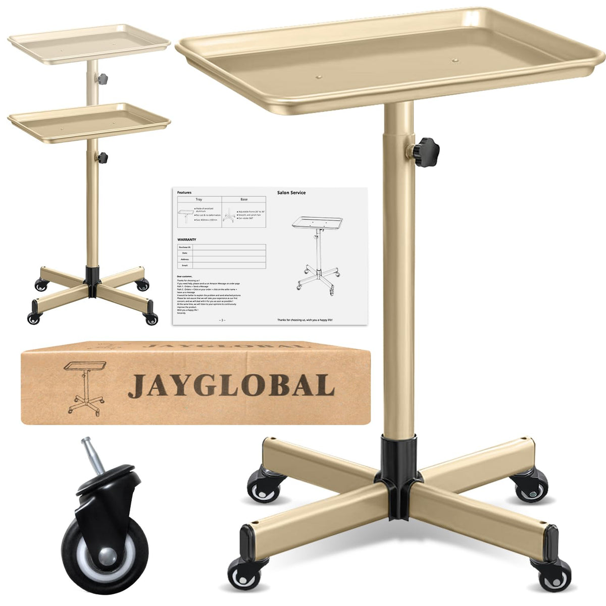 JayGlobal Gold Salon Tray On Wheels, Premium Aluminum Rolling Tattoo Tray, Height Adjustable Tattoo Cart Trolley for Hairstylist