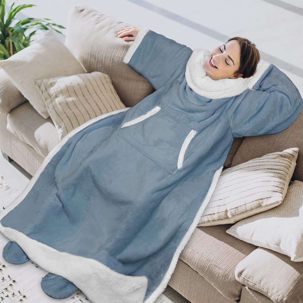 Pavilia Sherpa Blanket With Sleeves And Foot Pocket For Women Men Adults, Fleece Wearable Blanket Sleeved Throw Wrap, Thick Hug