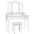 CHARMAID Large Makeup Vanity Table, 41.5 Wide Vanity Desk, Tri-fold Mirror with 8 Necklace Hooks Backside, 7 Drawers, 4 Storag