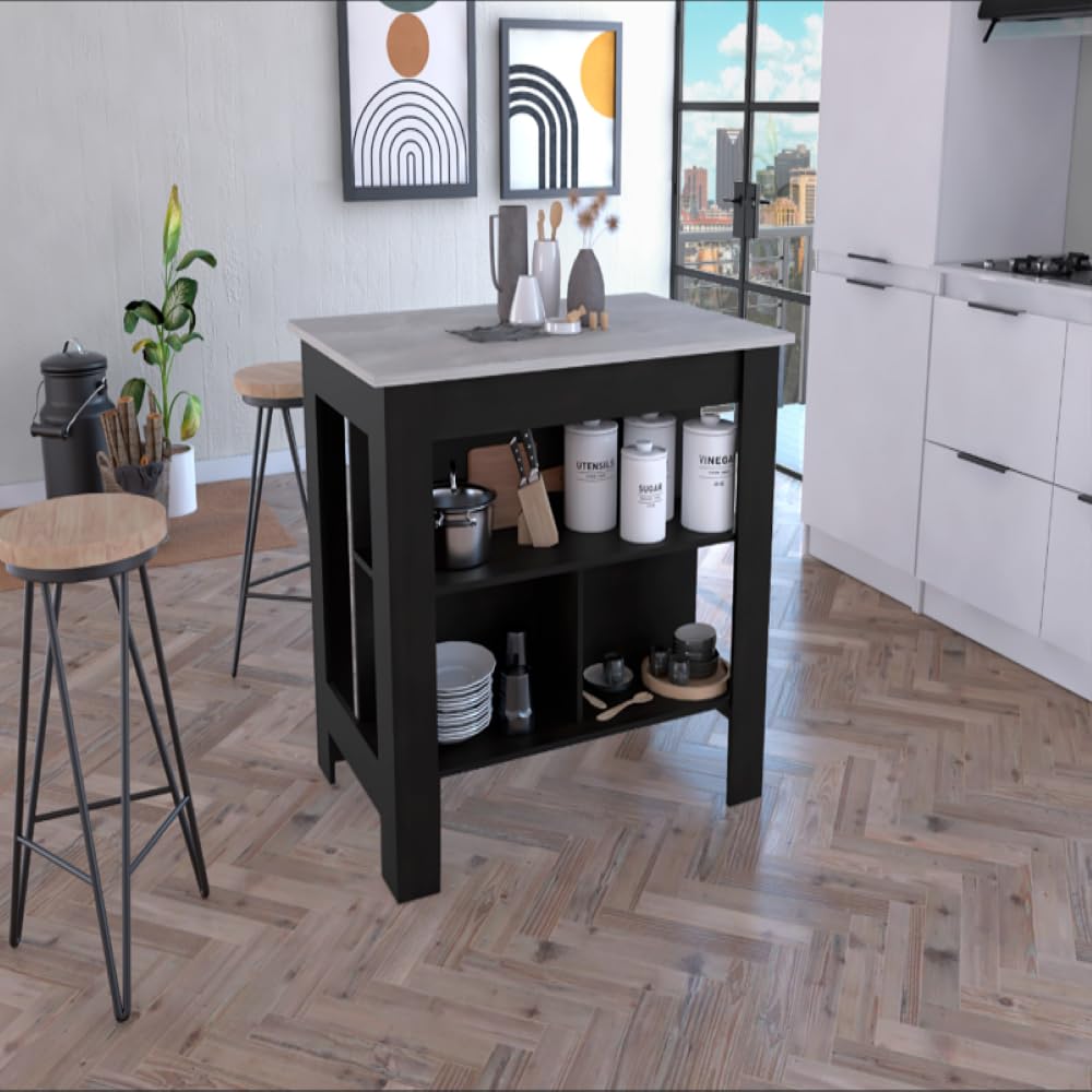 Kitchen Island Dozza, Three Shelves - Black/Ibiza Marble