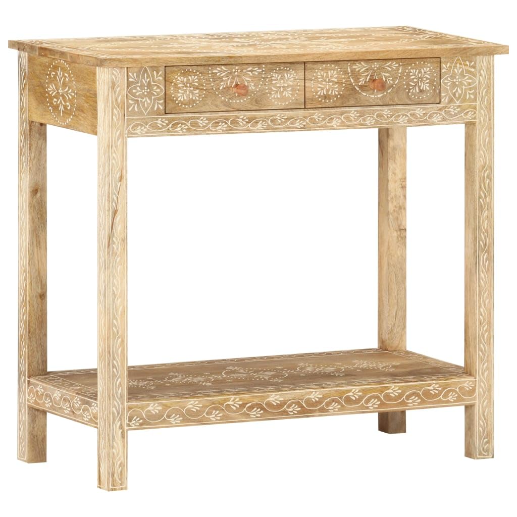 vidaXL Console Table - Solid Mango Wood with Hand-Painted Design, Asian Style Furniture, Natural Finish, Rectangular Shape, Two Drawers and Shelf for Storage, 31.5&quot;x13.8&quot;x29.1&quot;