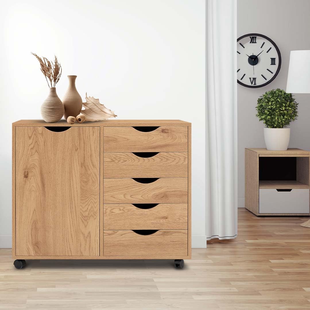 Naomi Home Amy 5 Drawer Chest, Wood Storage Dresser Cabinet with Wheels, Craft Storage Organization, Makeup Drawer Unit for Clos