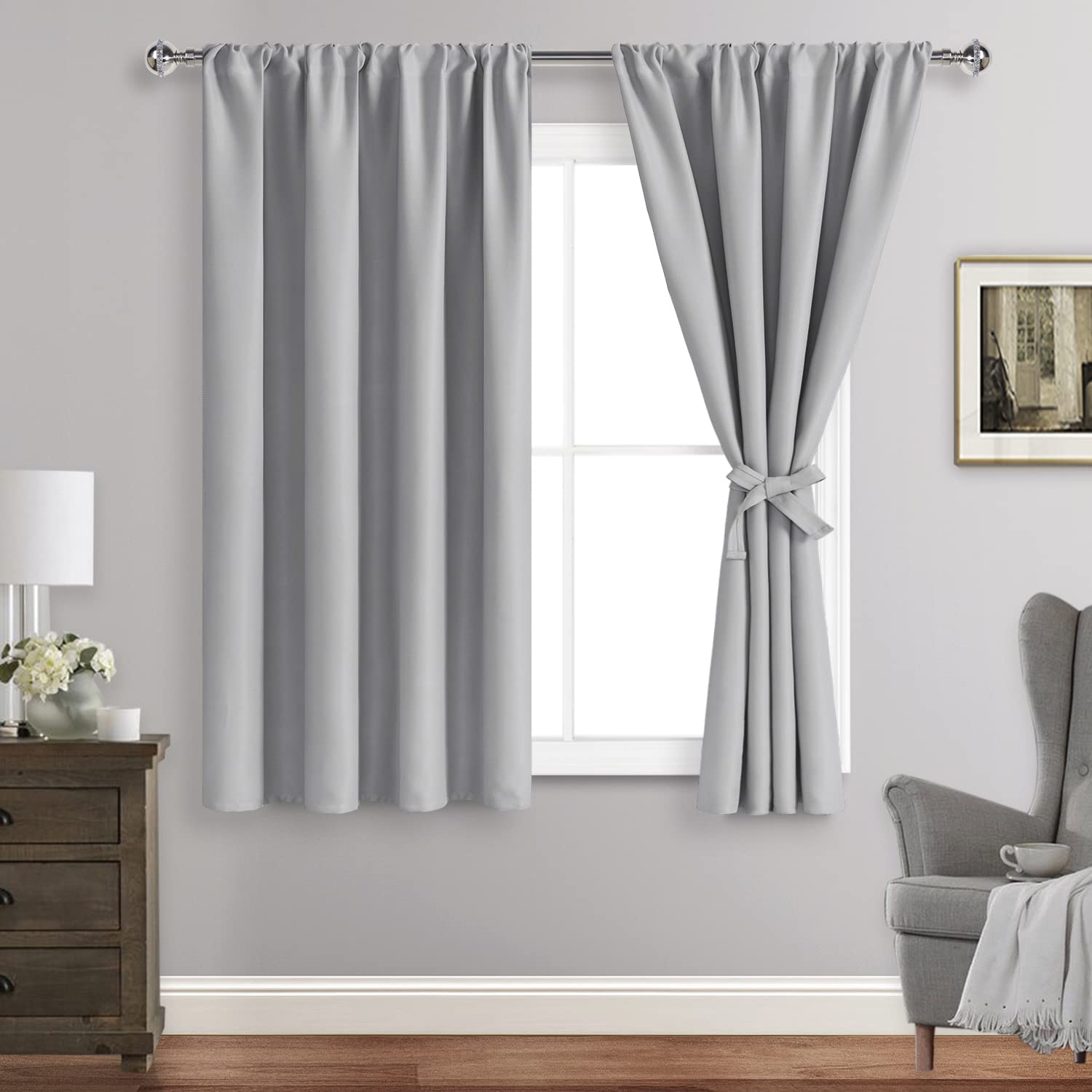 Jiuzhen Curtains For Bedroom - Thermal Insulated Blackout Curtains With Tiebacks, Room Darkening Drapes, Rod Pocket Curtains For Bedroom Kids Room Office, 38 X 54 Inch Length, Silver Grey