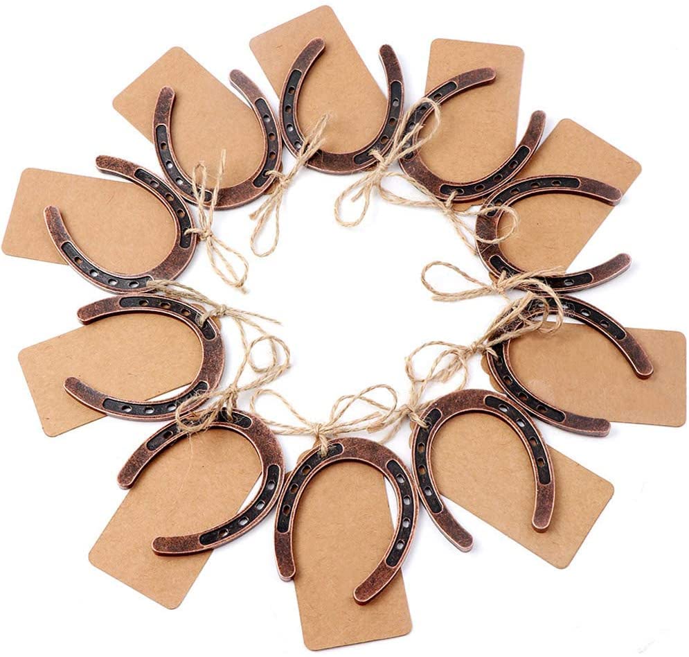 AerWo 20pcs Good Lucky Horse Shoes with Kraft Tag, Metal Mini Craft Horseshoes Decorations for Rustic Vintage Wedding Party Deco